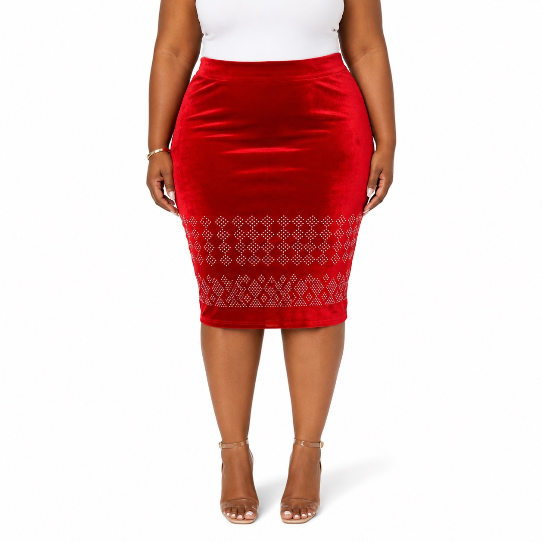 Red Velvet Pencil Skirt with Rhinestone Design